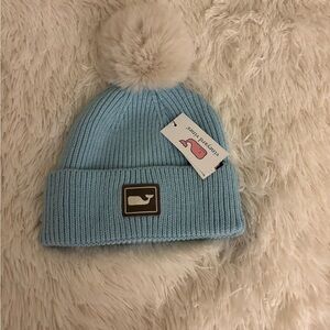 Vineyard Vines Light Blue Kids Hat with Cream Pom Pom